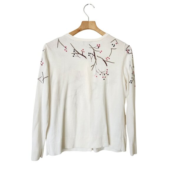 Embroidered Cardinal Sequins Cardigan Sweater Cream Red Grandma Winter Holiday - Picture 2 of 13